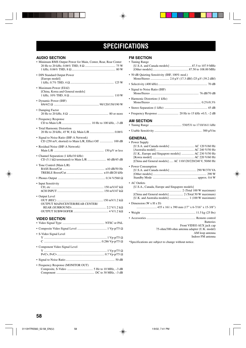 Specifications | Yamaha HTR-5560 User Manual | Page 62 / 67