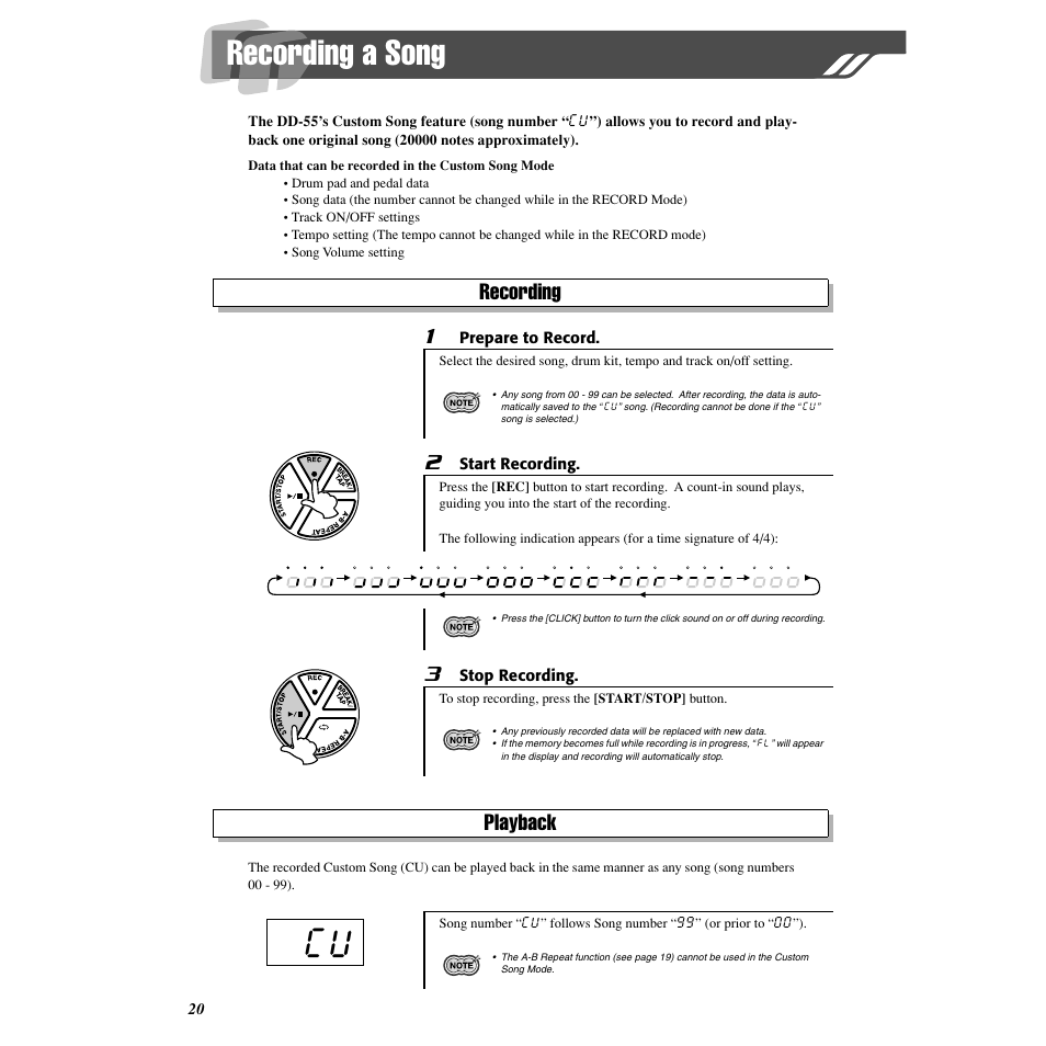 Recording a song, Recording, Playback | Recording playback | Yamaha DD55C User Manual | Page 20 / 47