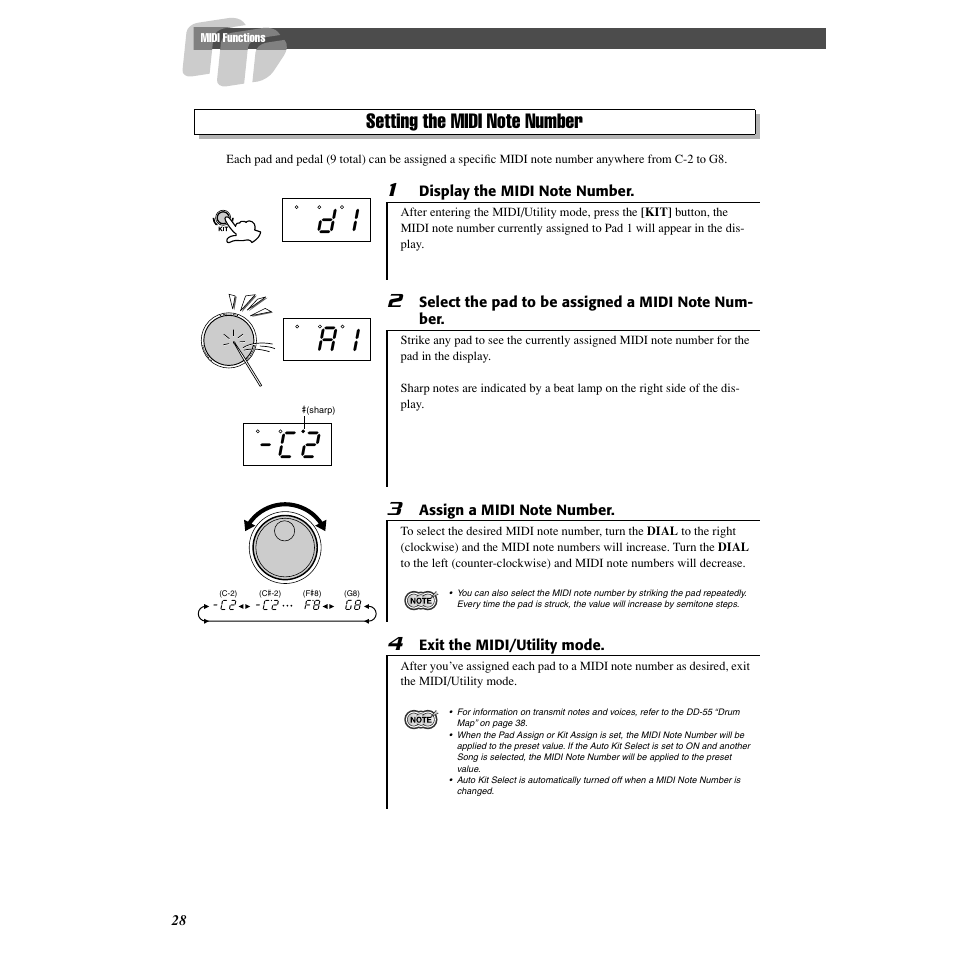 Setting the midi note number, D1 a1 -c2 | Yamaha DD55C User Manual | Page 28 / 47