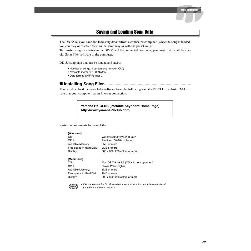 Saving and loading song data, Installing song filer | Yamaha DD55C User Manual | Page 29 / 47