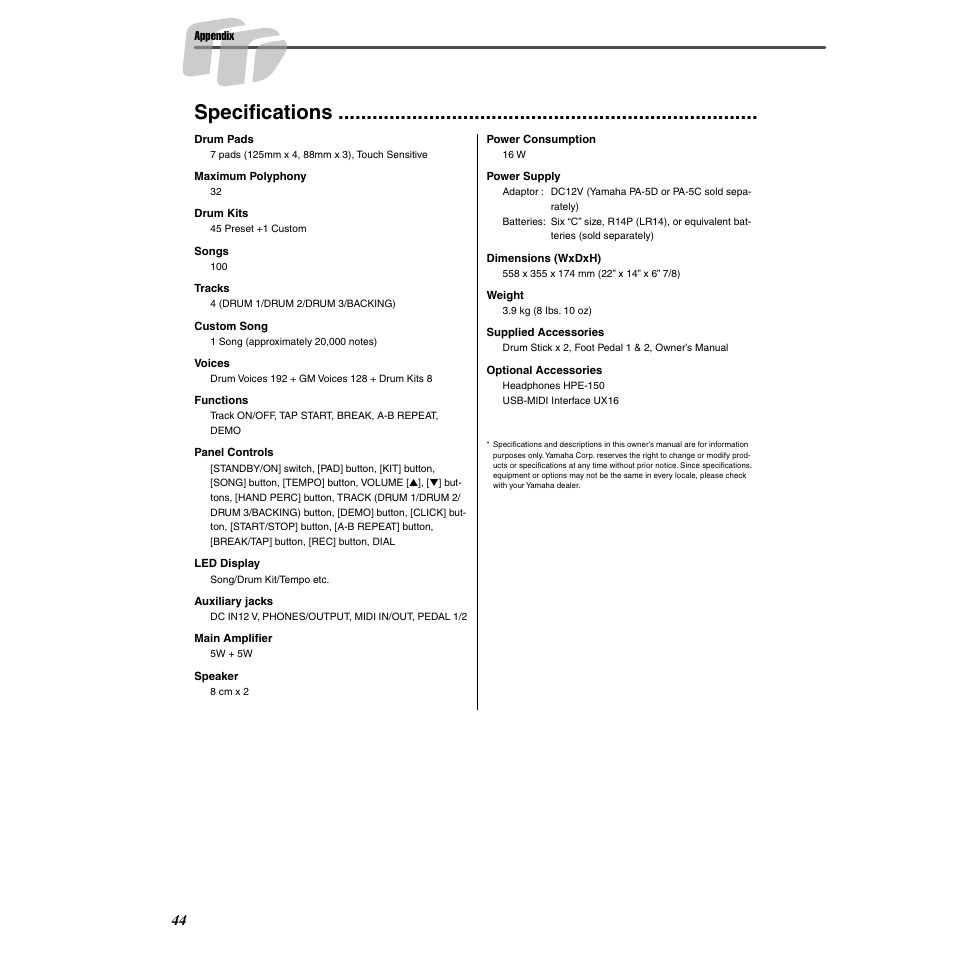 Specifications | Yamaha DD55C User Manual | Page 44 / 47