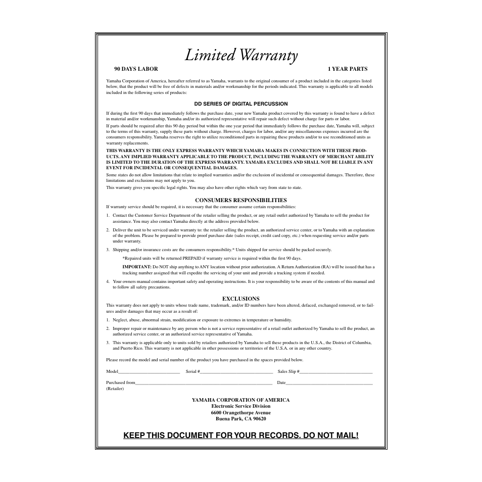 Limited warranty, Keep this document for your records. do not mail | Yamaha DD55C User Manual | Page 45 / 47