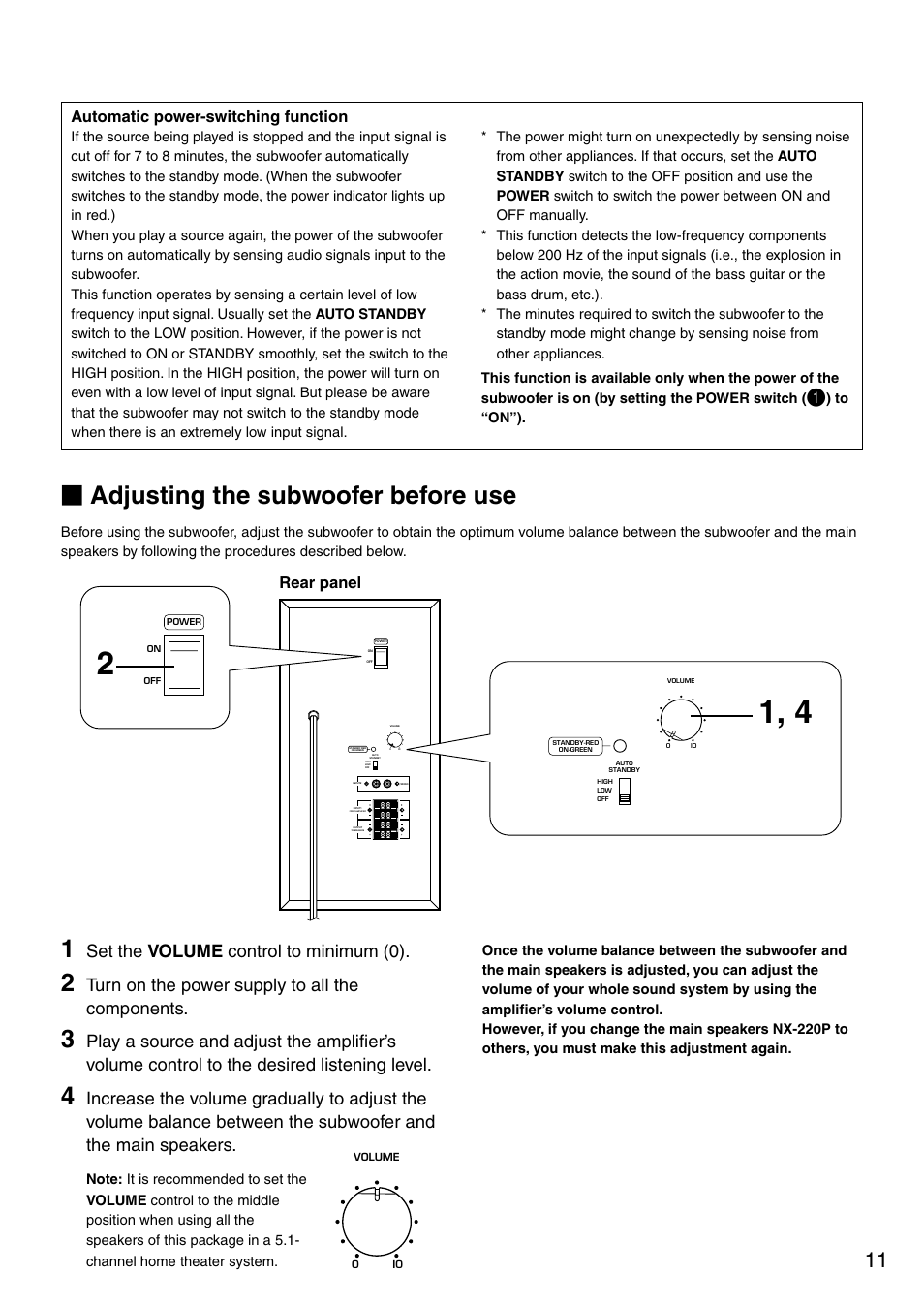 Adjusting the subwoofer before use, Set the volume control to minimum (0), Turn on the power supply to all the components | Rear panel, Automatic power-switching function | Yamaha NS-P220 User Manual | Page 15 / 19