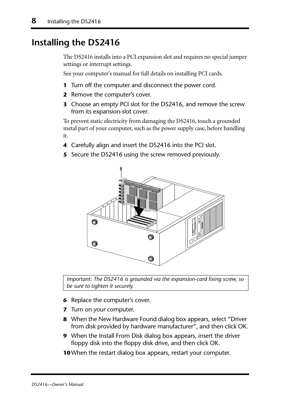 Installing the ds2416 | Yamaha DS2416 User Manual | Page 10 / 161