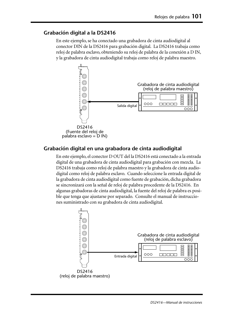 Grabación digital a la ds2416, Relojes de palabra | Yamaha DS2416 User Manual | Page 100 / 161