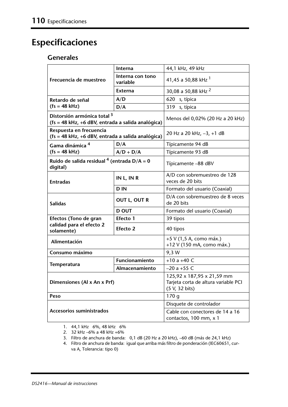 Especificaciones, Generales | Yamaha DS2416 User Manual | Page 109 / 161