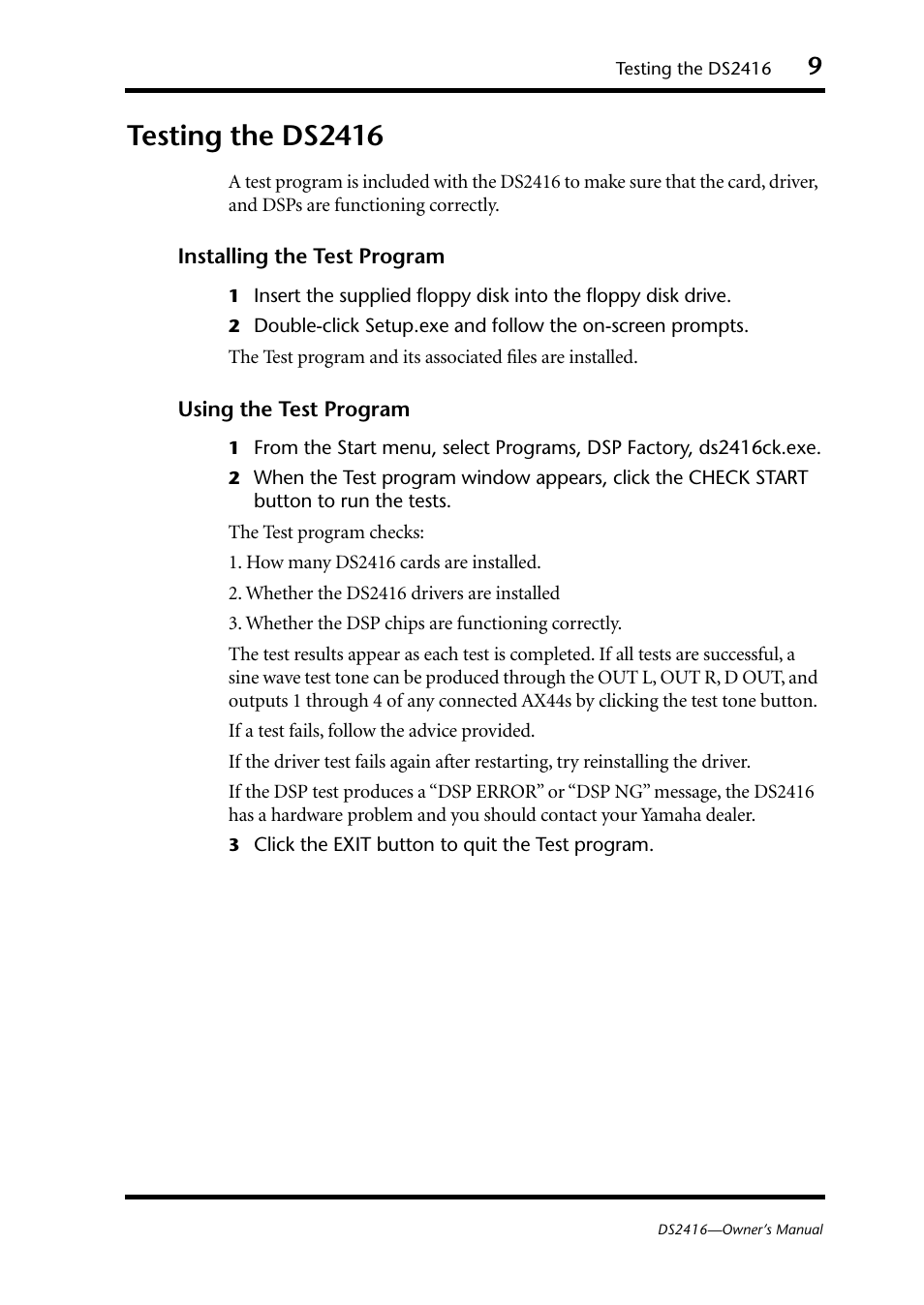 Testing the ds2416, Installing the test program using the test program | Yamaha DS2416 User Manual | Page 11 / 161