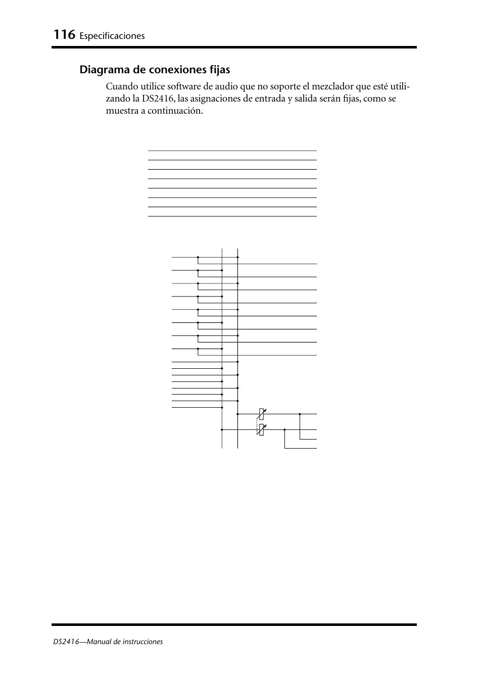 Diagrama de conexiones fijas, Especificaciones | Yamaha DS2416 User Manual | Page 115 / 161