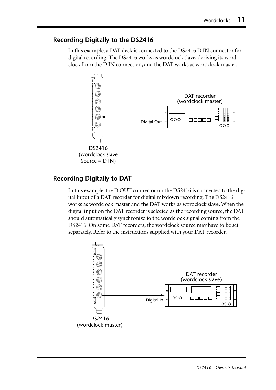 Recording digitally to the ds2416, Recording digitally to dat, Wordclocks | Yamaha DS2416 User Manual | Page 13 / 161