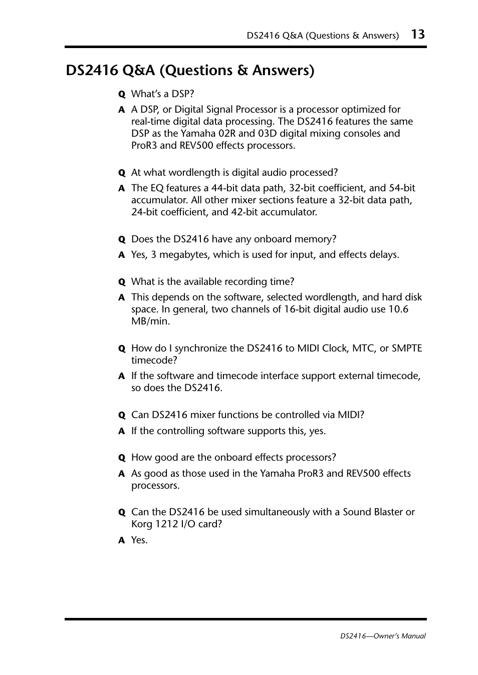 Ds2416 q&a (questions & answers) | Yamaha DS2416 User Manual | Page 15 / 161