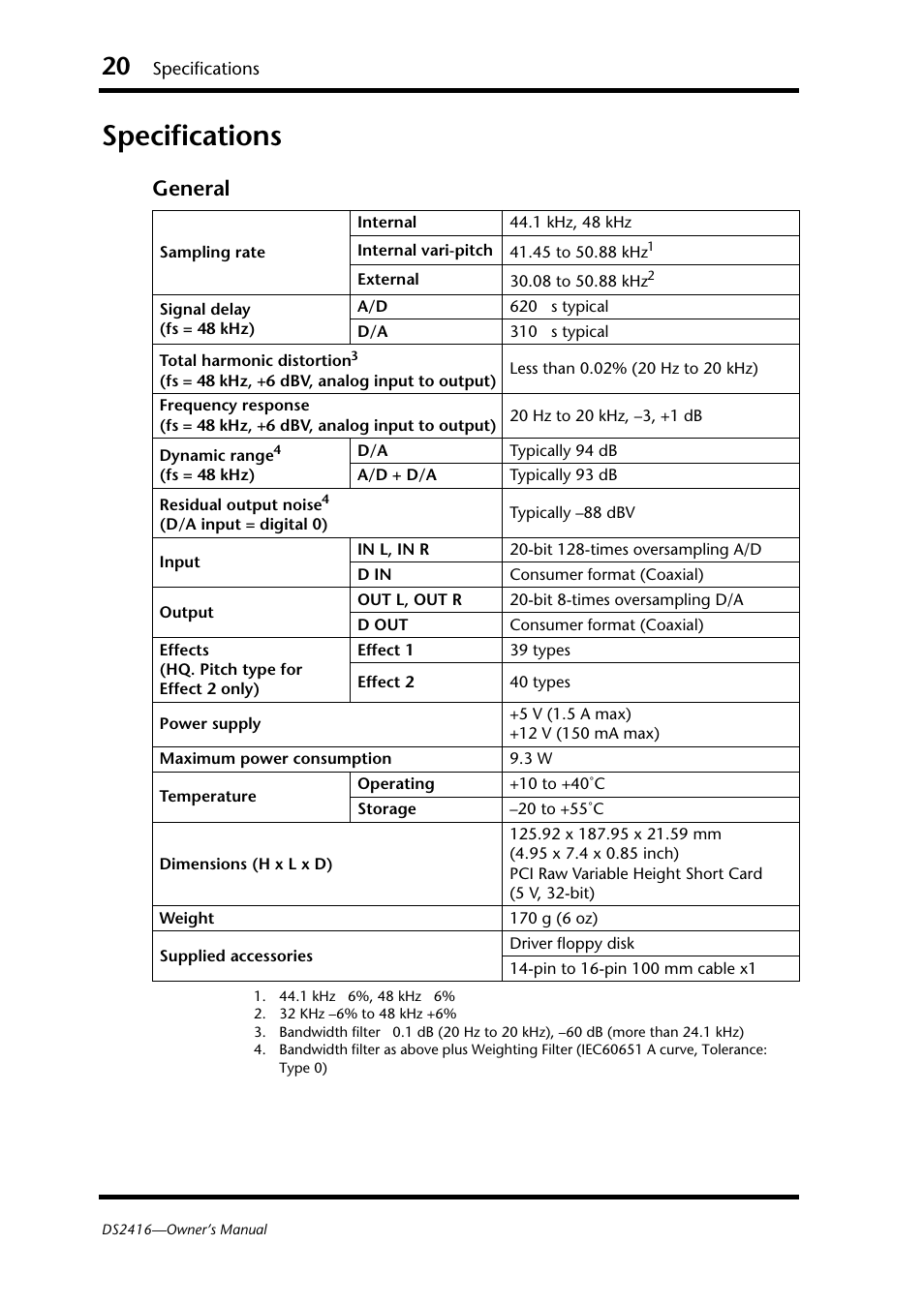 Specifications, General | Yamaha DS2416 User Manual | Page 22 / 161