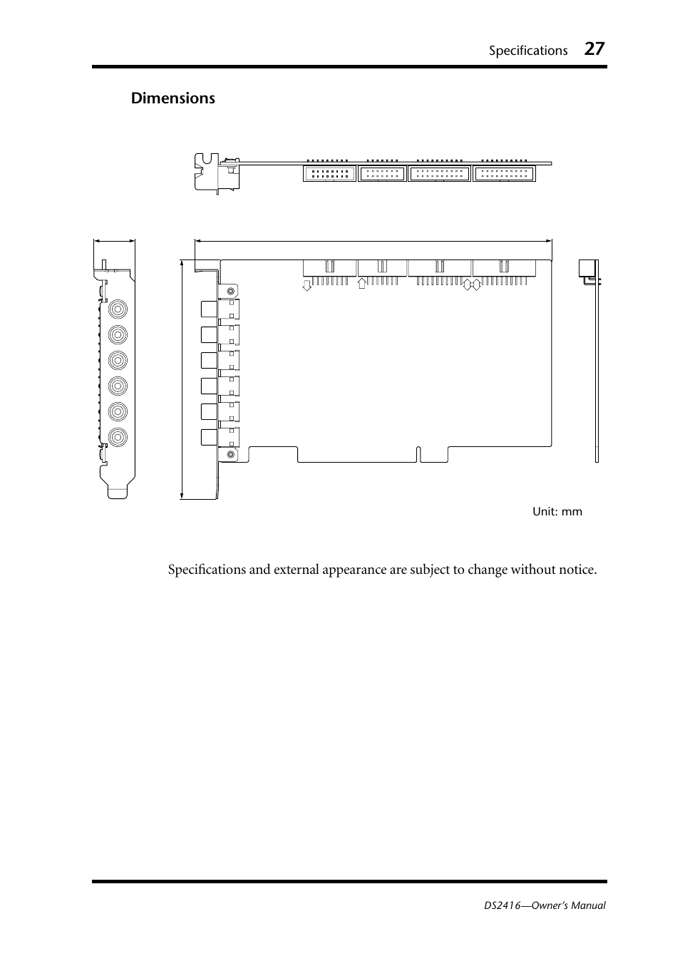 Dimensions, Specifications, Unit: mm | Yamaha DS2416 User Manual | Page 29 / 161