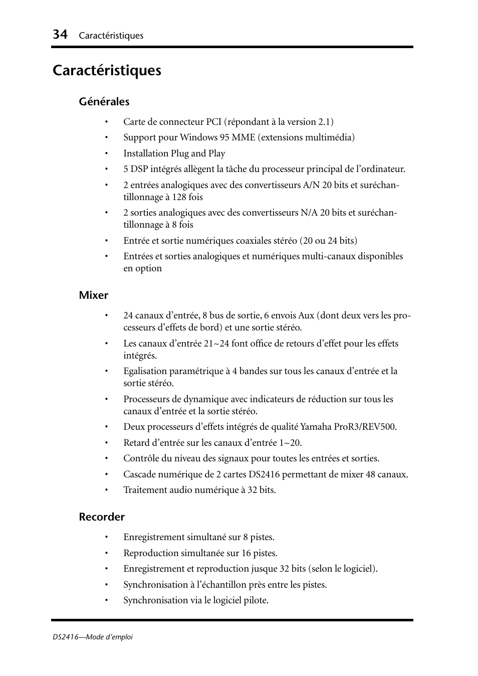 Caractéristiques | Yamaha DS2416 User Manual | Page 35 / 161