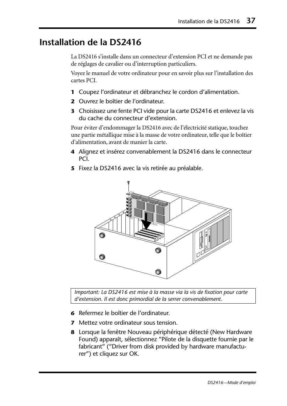 Installation de la ds2416 | Yamaha DS2416 User Manual | Page 38 / 161