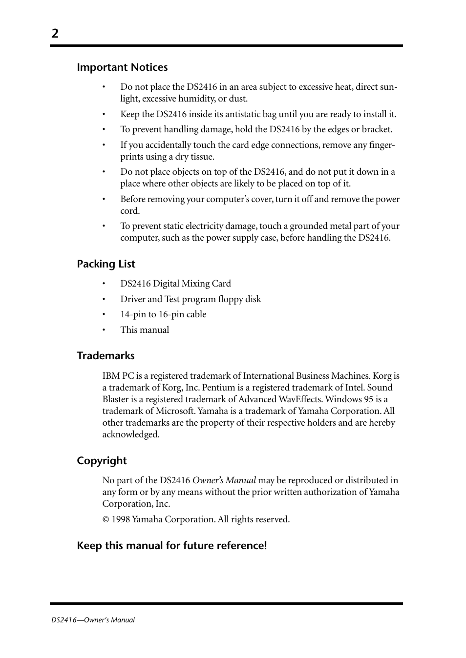 Important notices | Yamaha DS2416 User Manual | Page 4 / 161