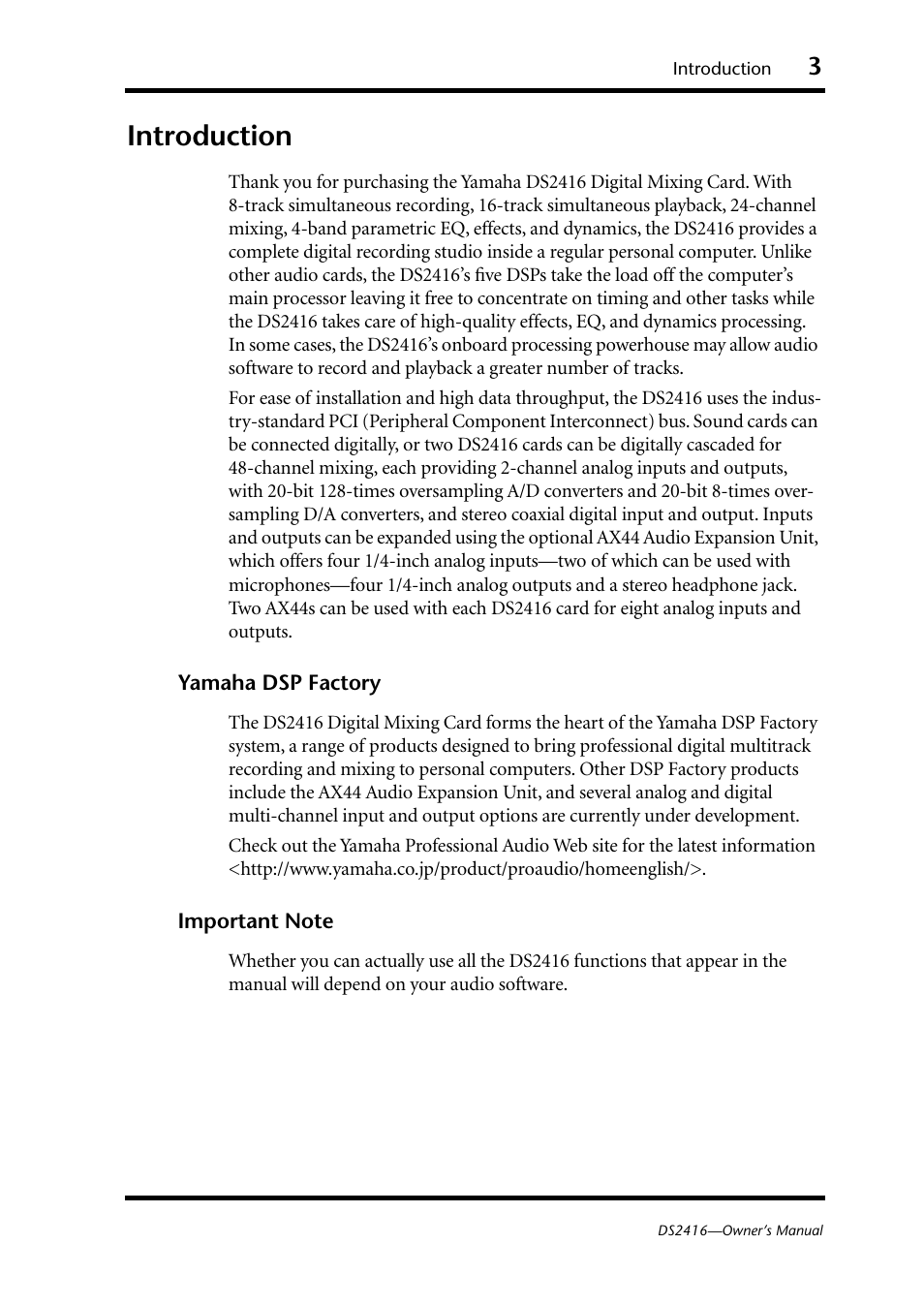 Introduction, Yamaha dsp factory important note | Yamaha DS2416 User Manual | Page 5 / 161