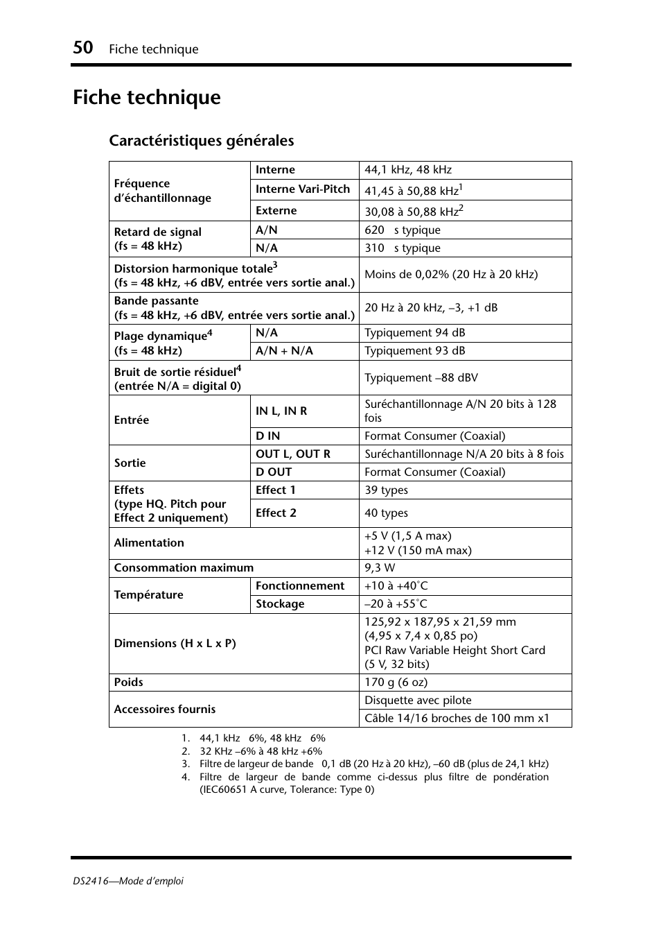 Fiche technique, Caractéristiques générales | Yamaha DS2416 User Manual | Page 51 / 161