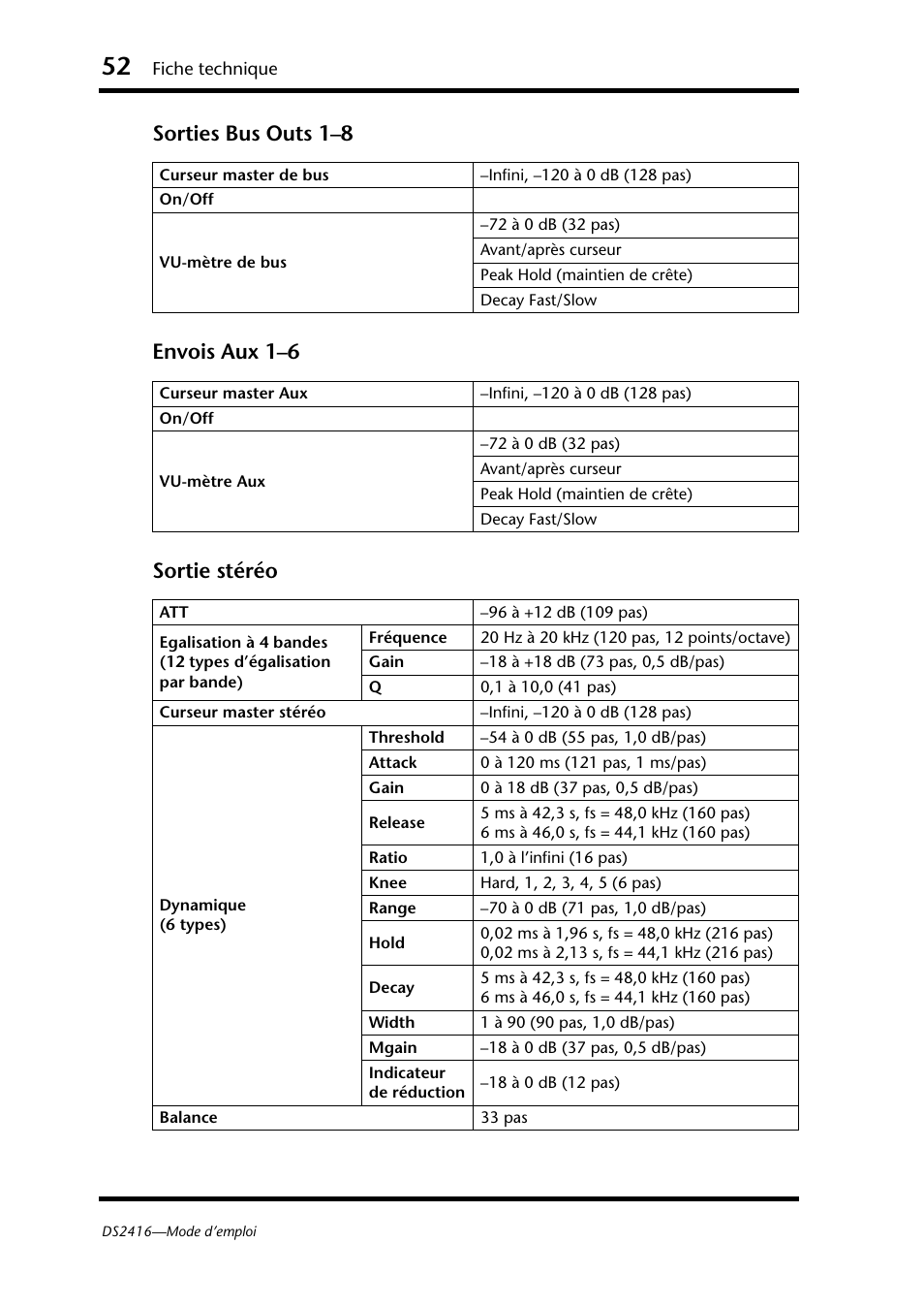 Sorties bus outs 1–8 envois aux 1–6 sortie stéréo | Yamaha DS2416 User Manual | Page 53 / 161