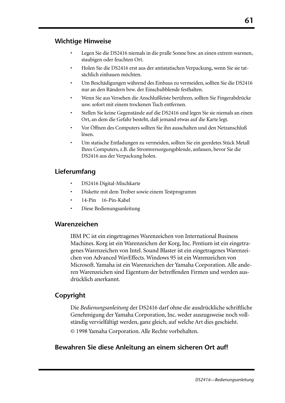 Wichtige hinweise | Yamaha DS2416 User Manual | Page 61 / 161