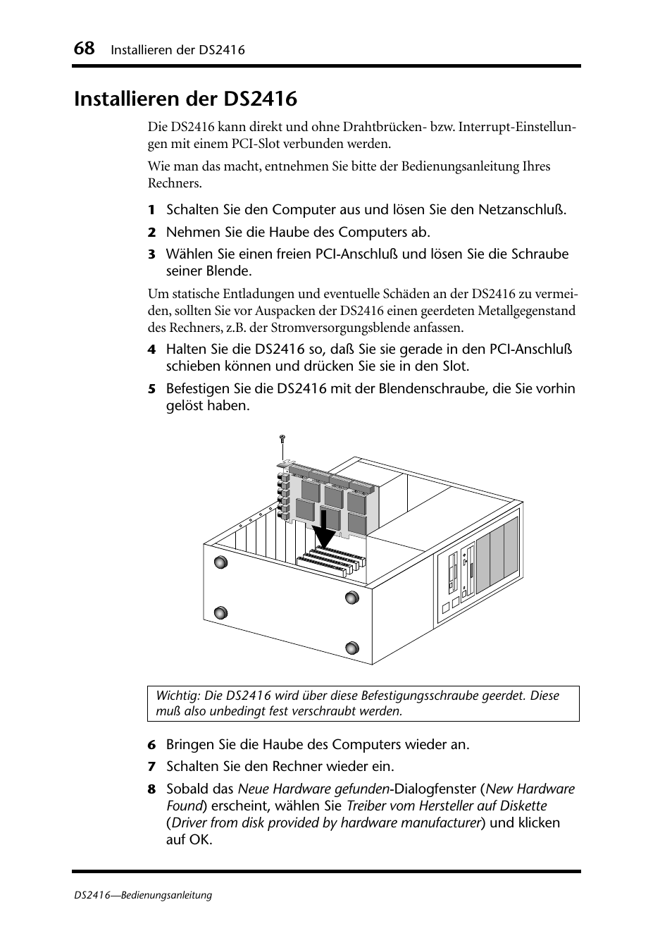 Installieren der ds2416 | Yamaha DS2416 User Manual | Page 68 / 161