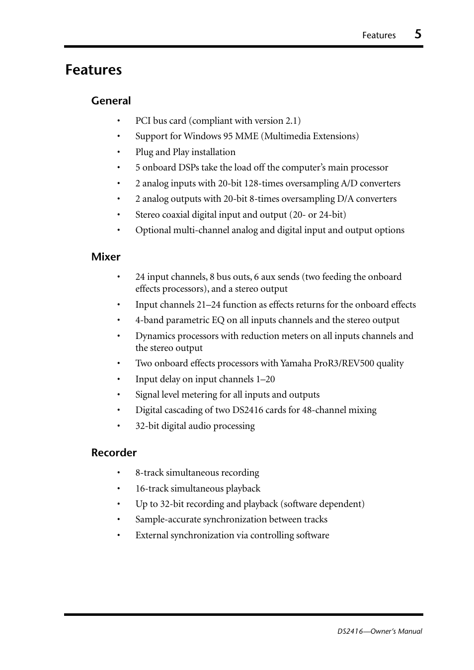 Features, General mixer recorder | Yamaha DS2416 User Manual | Page 7 / 161