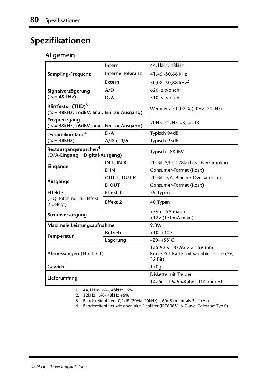 Spezifikationen, Allgemein | Yamaha DS2416 User Manual | Page 80 / 161