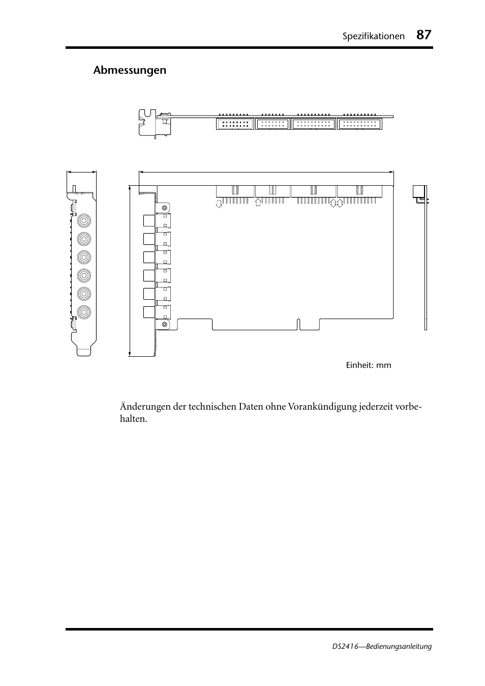 Abmessungen, Spezifikationen, Einheit: mm | Yamaha DS2416 User Manual | Page 87 / 161