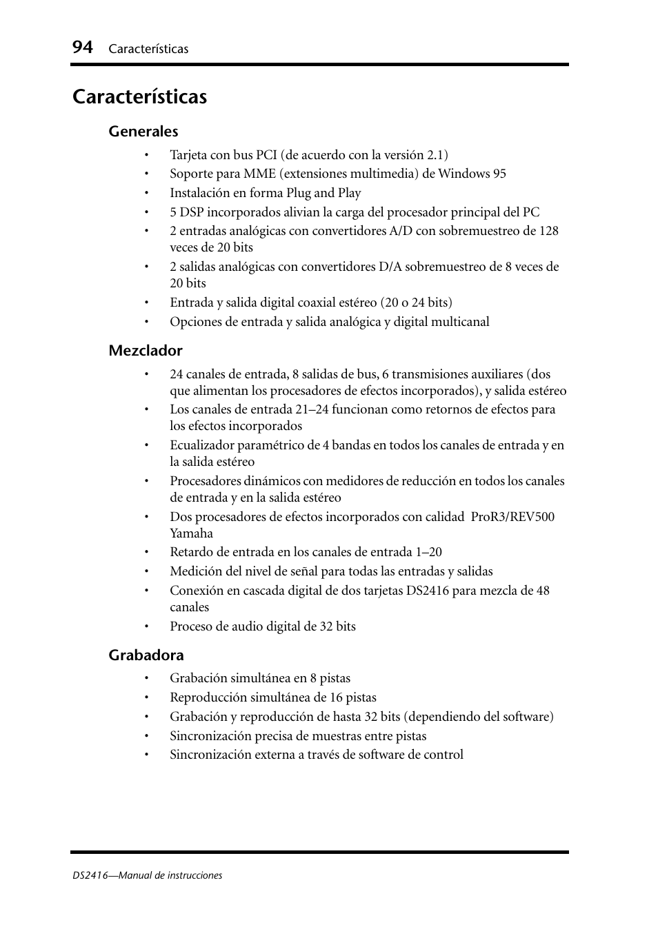 Características, Generales mezclador grabadora | Yamaha DS2416 User Manual | Page 93 / 161