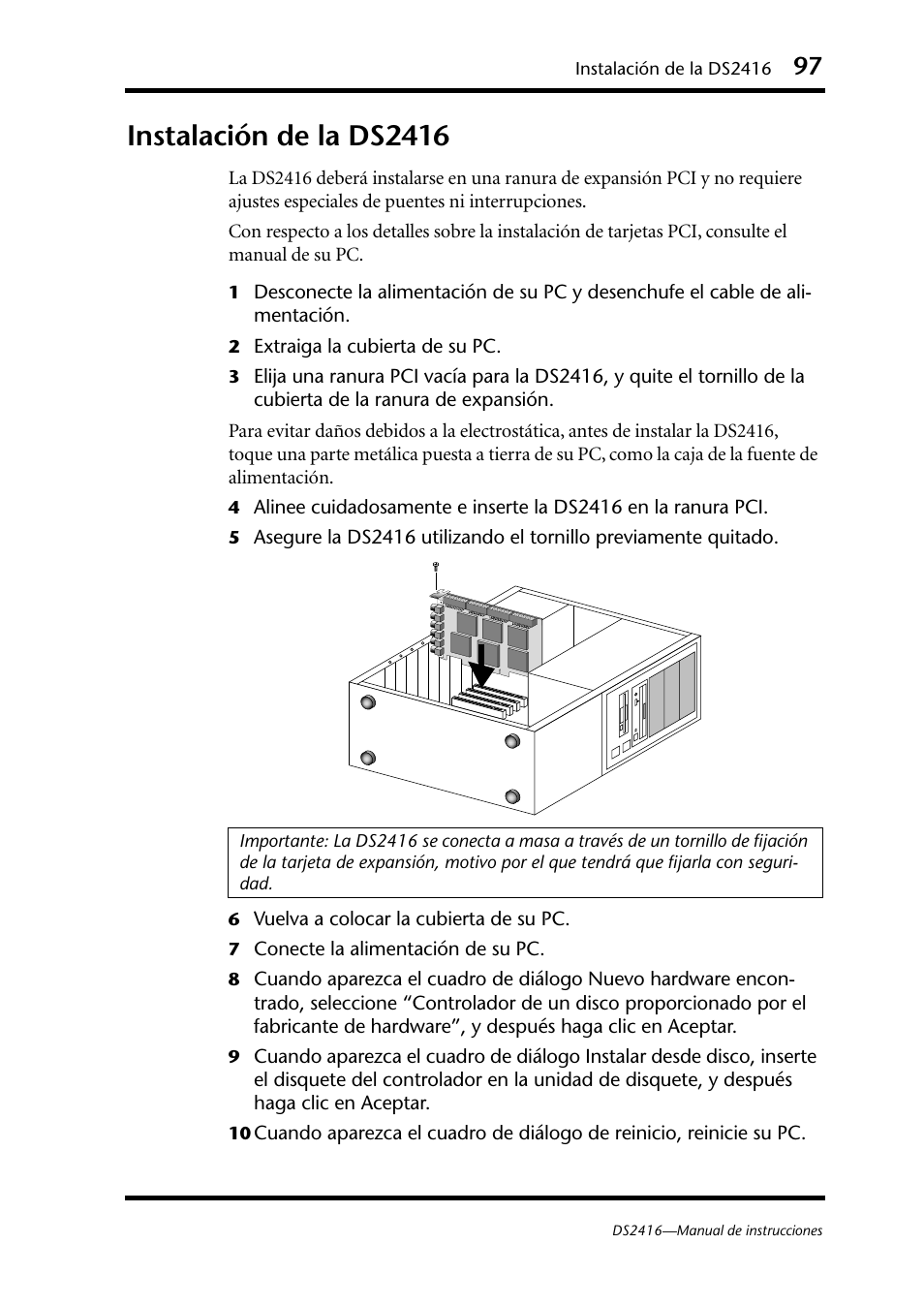 Instalación de la ds2416 | Yamaha DS2416 User Manual | Page 96 / 161