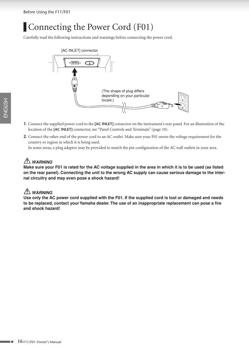 Connecting the power cord (f01) | Yamaha F10 User Manual | Page 16 / 78