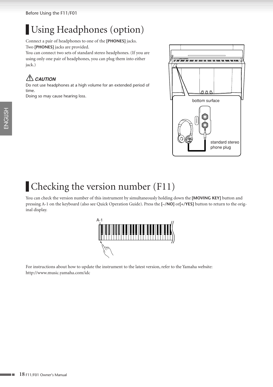 Using headphones (option), Checking the version number (f11), P. 18 | Yamaha F10 User Manual | Page 18 / 78