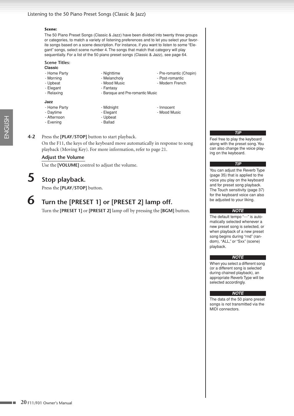 Pp. 20, 23, 28, Stop playback, Turn the [preset 1] or [preset 2] lamp off | 20 english | Yamaha F10 User Manual | Page 20 / 78