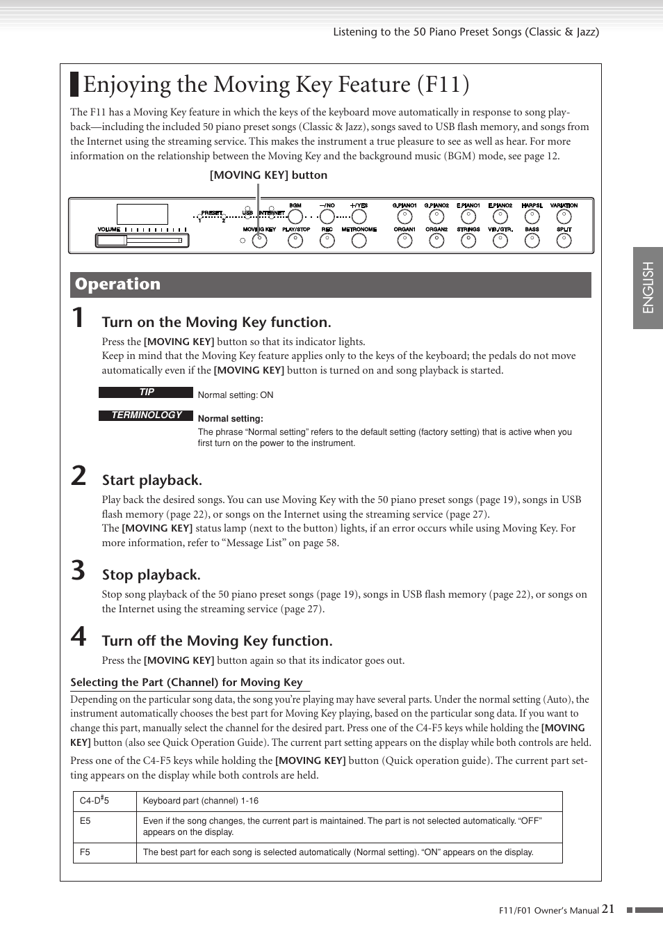 Enjoying the moving key feature (f11), P. 21, Operation | Yamaha F10 User Manual | Page 21 / 78