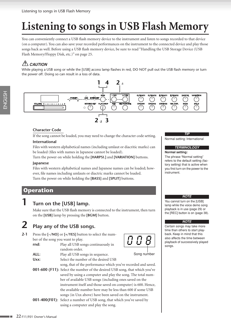Listening to songs in usb flash memory, P. 22, Operation | Yamaha F10 User Manual | Page 22 / 78