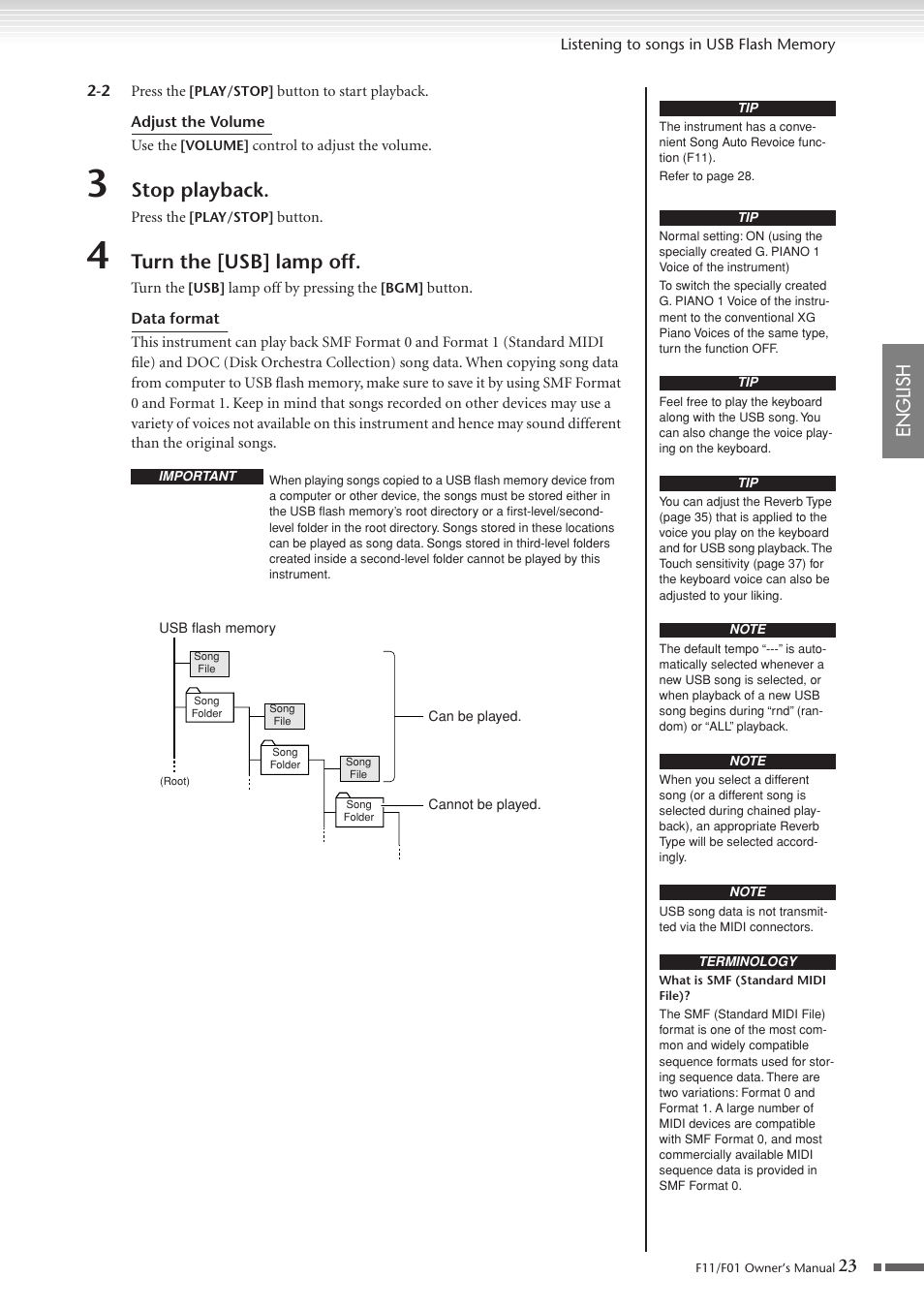 Stop playback, Turn the [usb] lamp off, English | Yamaha F10 User Manual | Page 23 / 78