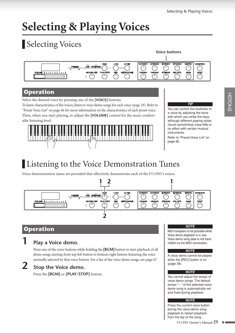 Selecting & playing voices, Selecting voices, Listening to the voice demonstration tunes | P. 29, Operation | Yamaha F10 User Manual | Page 29 / 78