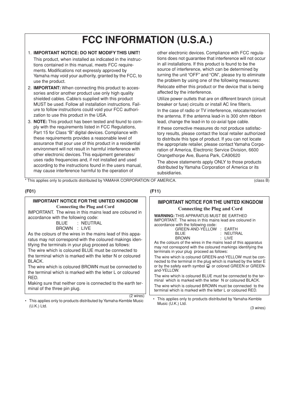 Fcc information (u.s.a.) | Yamaha F10 User Manual | Page 3 / 78