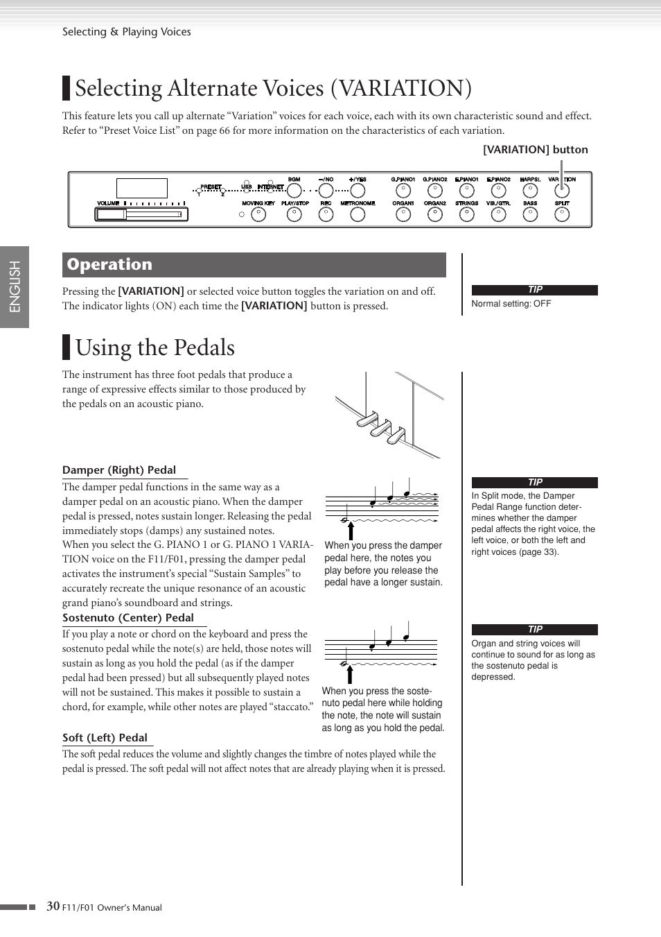 Selecting alternate voices (variation), Using the pedals, P. 30 | Operation | Yamaha F10 User Manual | Page 30 / 78