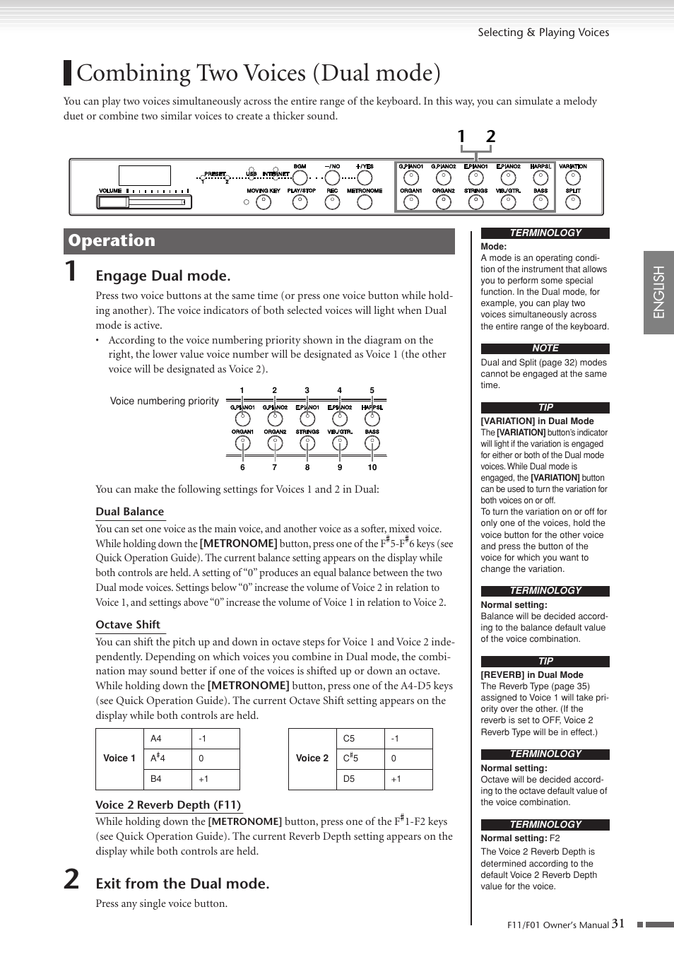 Combining two voices (dual mode), Operation, Engage dual mode | Exit from the dual mode, English | Yamaha F10 User Manual | Page 31 / 78