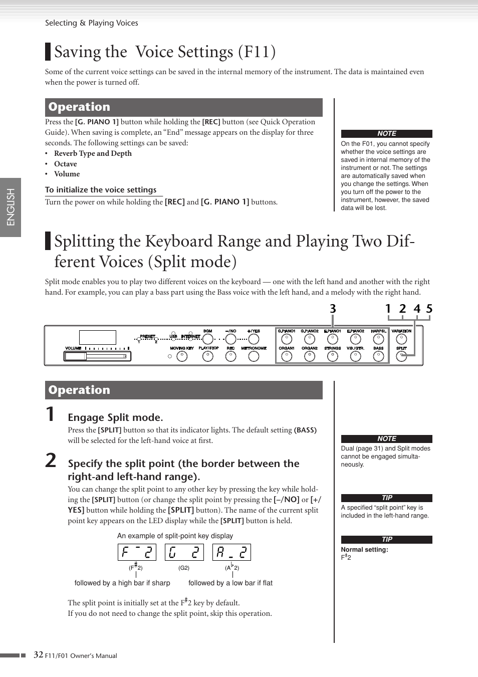 Saving the voice settings (f11), Two different voices (split mode), P. 32 | Yamaha F10 User Manual | Page 32 / 78