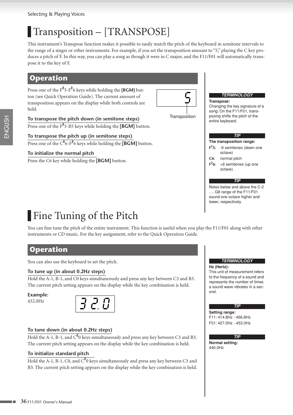 Transposition - [transpose, Fine tuning of the pitch, Transposition – [transpose | Operation, 36 english | Yamaha F10 User Manual | Page 36 / 78