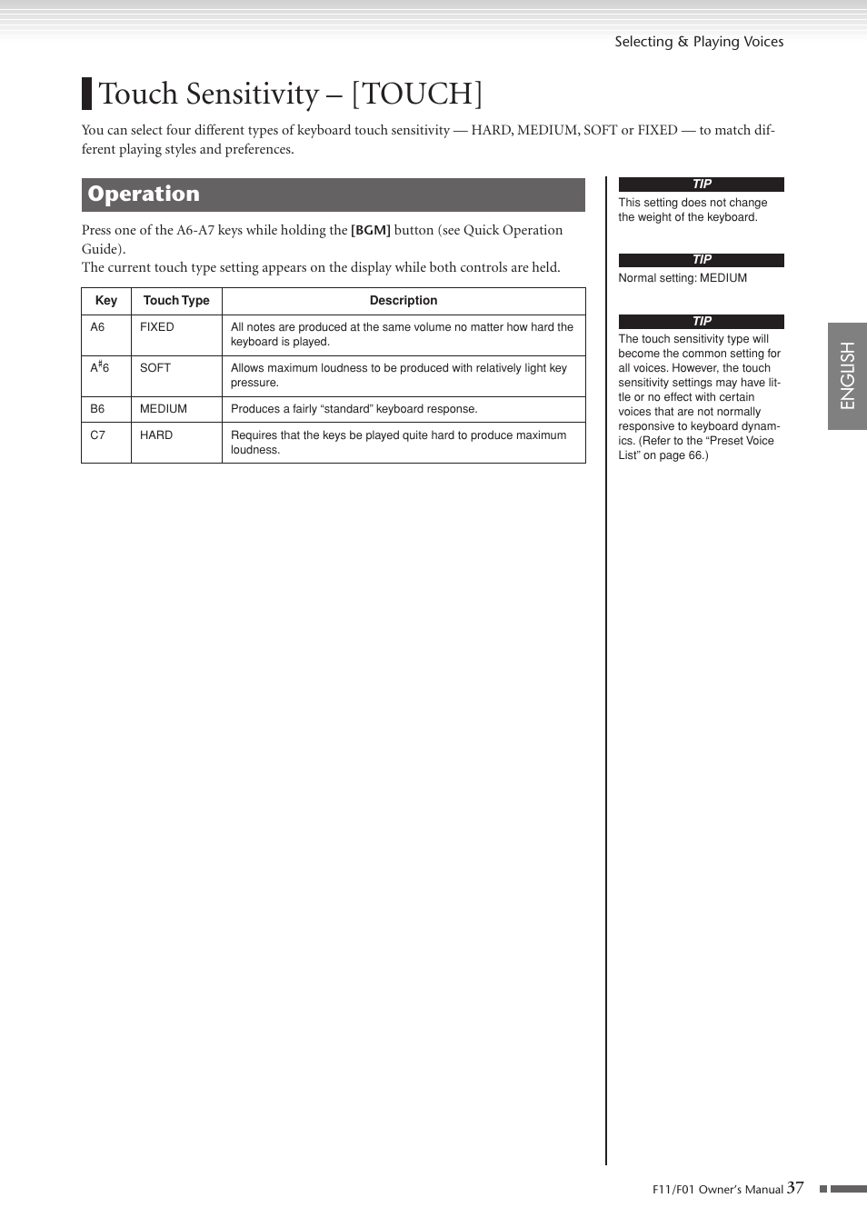 Touch sensitivity - [touch, Touch sensitivity – [touch, Operation | English | Yamaha F10 User Manual | Page 37 / 78