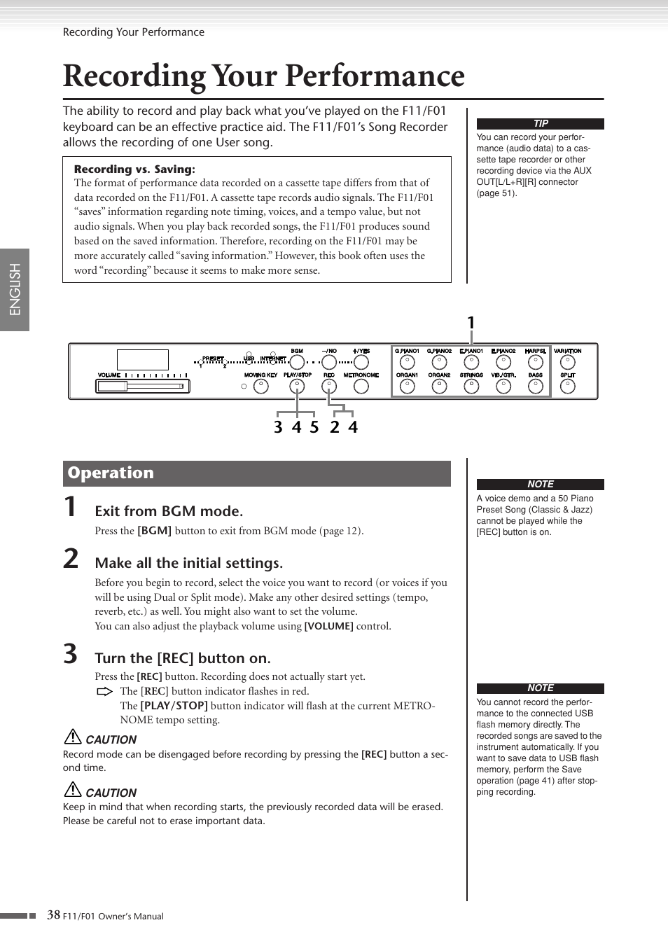 Recording your performance, P. 38, Operation | Yamaha F10 User Manual | Page 38 / 78