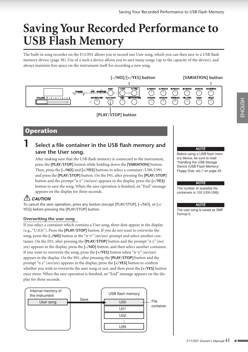 Saving your recorded performance to, Usb flash memory, Operation | Yamaha F10 User Manual | Page 41 / 78