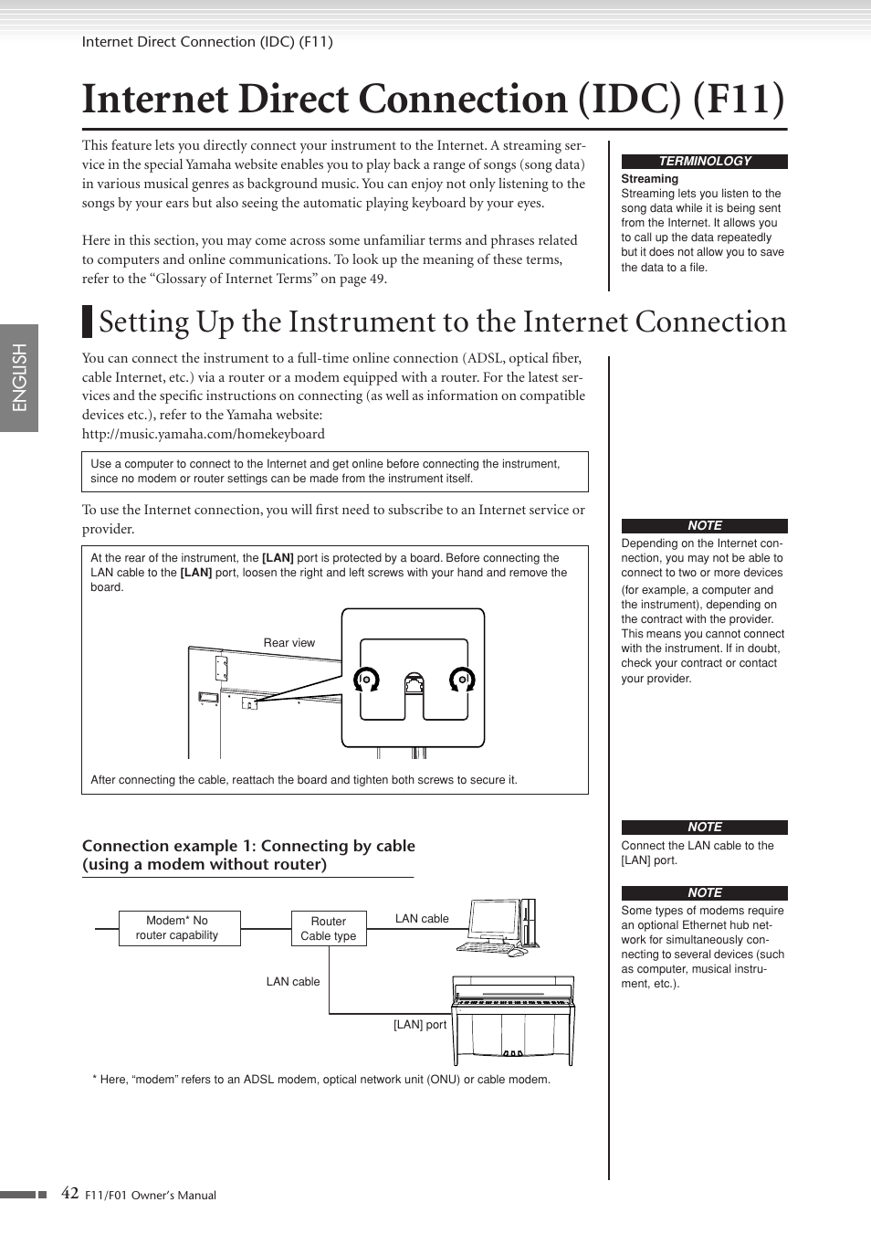 Internet direct connection (idc) (f11), Setting up the instrument to the internet, Connection | 42 english | Yamaha F10 User Manual | Page 42 / 78