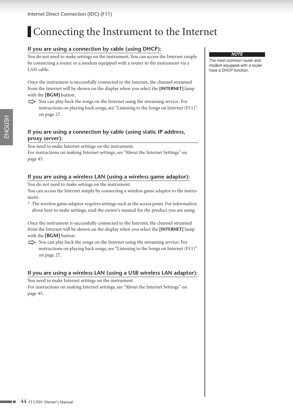 Connecting the instrument to the internet | Yamaha F10 User Manual | Page 44 / 78