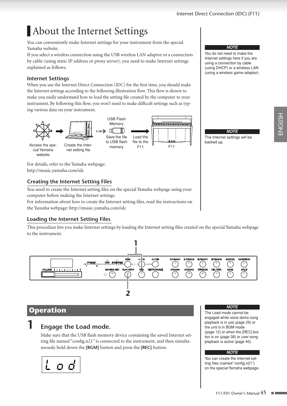 About the internet settings, Operation, Engage the load mode | Yamaha F10 User Manual | Page 45 / 78