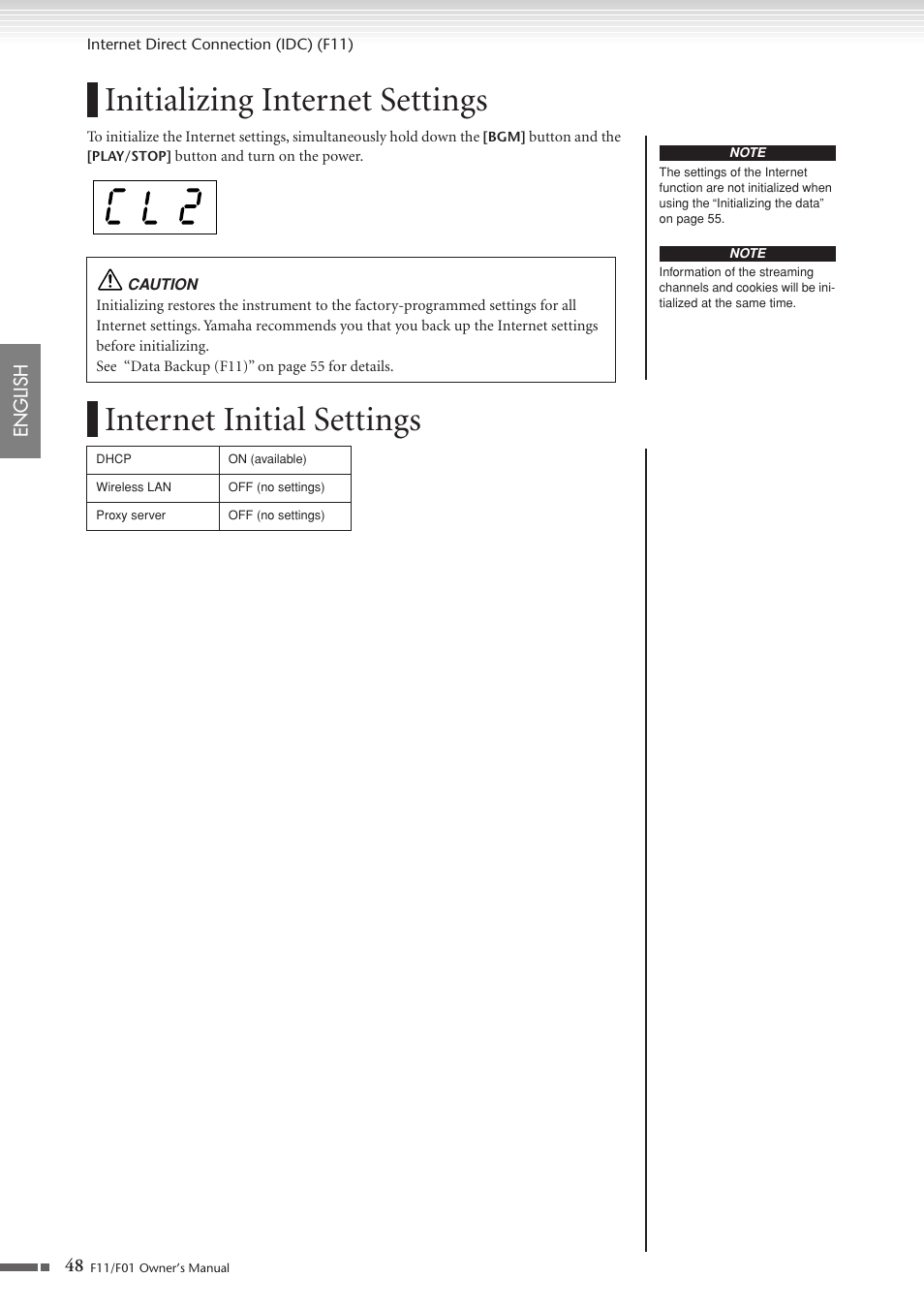 Initializing internet settings, Internet initial settings | Yamaha F10 User Manual | Page 48 / 78