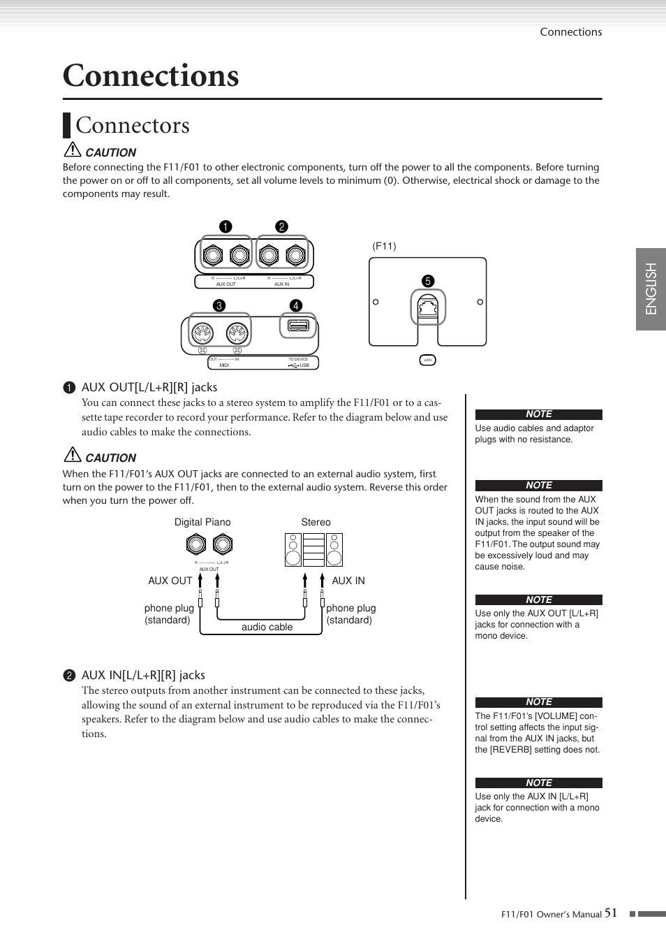 Connections, Connectors, P. 51 | English, Aux out[l/l+r][r] jacks, Aux in[l/l+r][r] jacks | Yamaha F10 User Manual | Page 51 / 78