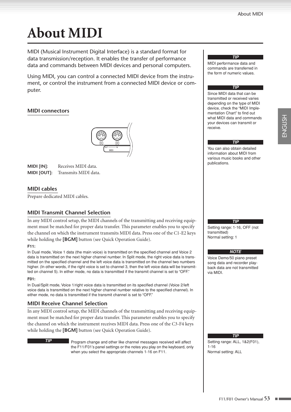 About midi, English | Yamaha F10 User Manual | Page 53 / 78